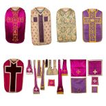 Five Roman Chasubles, maniple, Stola and chalice veils. Antique and gold thread embroideries.