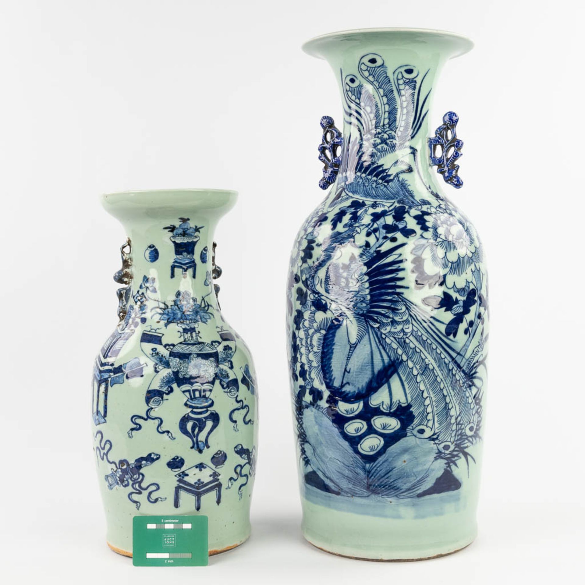 Two Chinese vases, celadon with a blue-white decor. 19th/20th C. (H:59 x D:24 cm) - Bild 2 aus 12