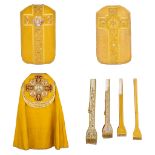 A Cope and two Roman Chasubles, thick gold thread embroideries and images of The holy family.