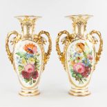 Vieux Bruxelles, a pair of vases with hand-painted flower decor. Circa 1900. (D:18 x W:27 x H:45 cm)