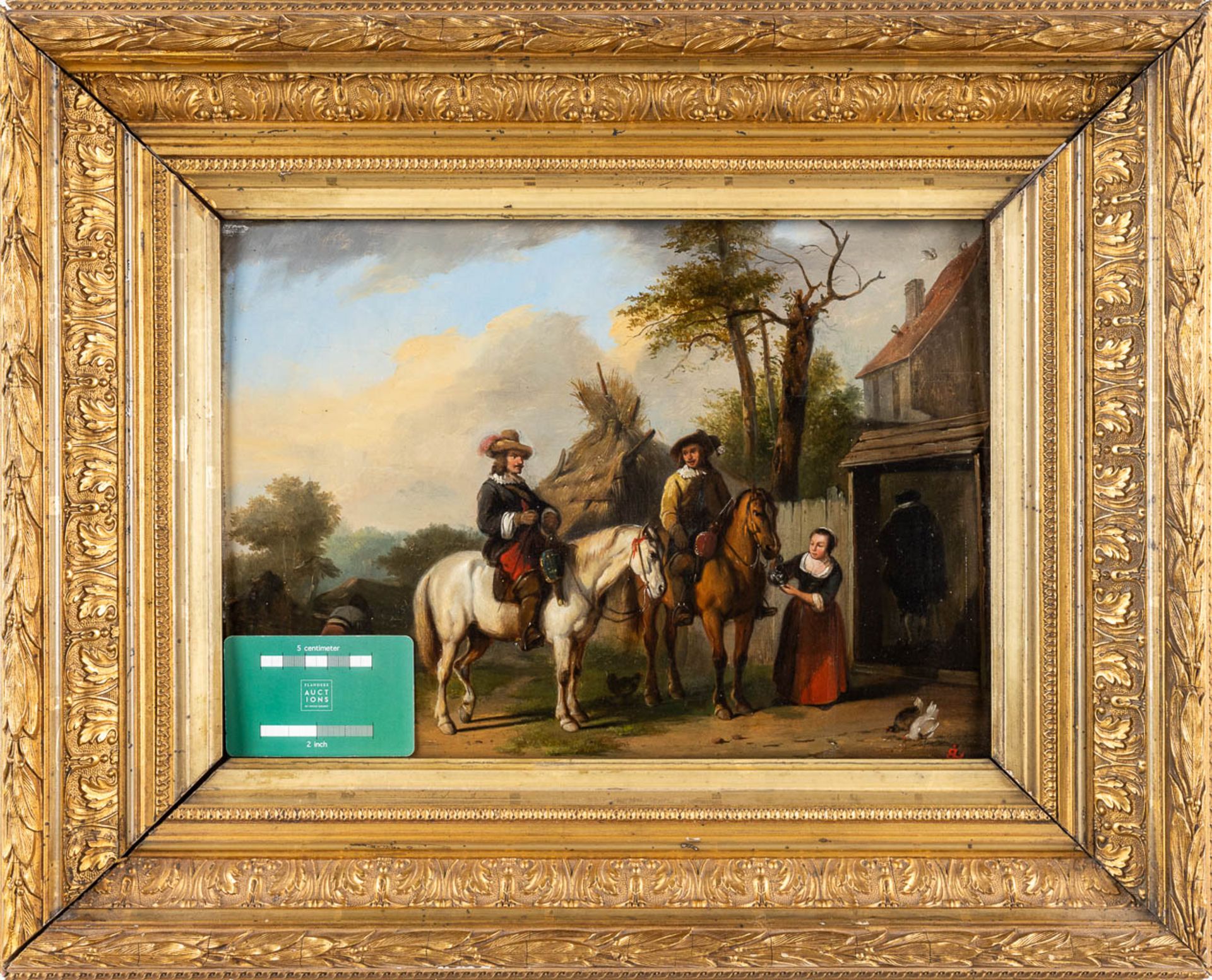 An antique painting, 'Travelling by Horse' oil on panel. 19th C. (W:35 x H:26 cm) - Image 2 of 8