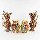 Two pair of vases with flower decor, Barbotine, France. One set marked 'De Plate' (D:27 x W:18 x H:4
