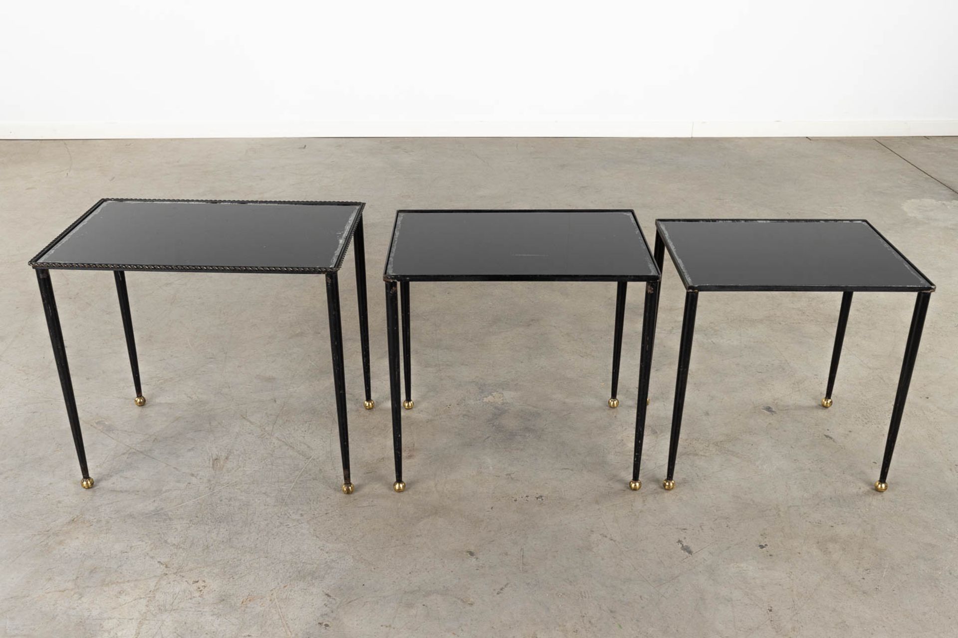 A set of Nesting tables, metal and black tinted glass. 20th C. (D:56 x W:37 x H:50 cm) - Image 4 of 10