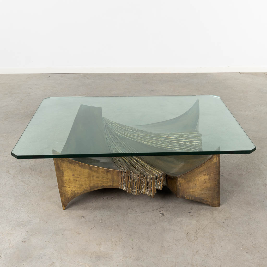 SANTA (1925-1979) A coffee table, bronze and glass, brutalist style with faux bamboo. 20th C. (D:90 - Image 3 of 10