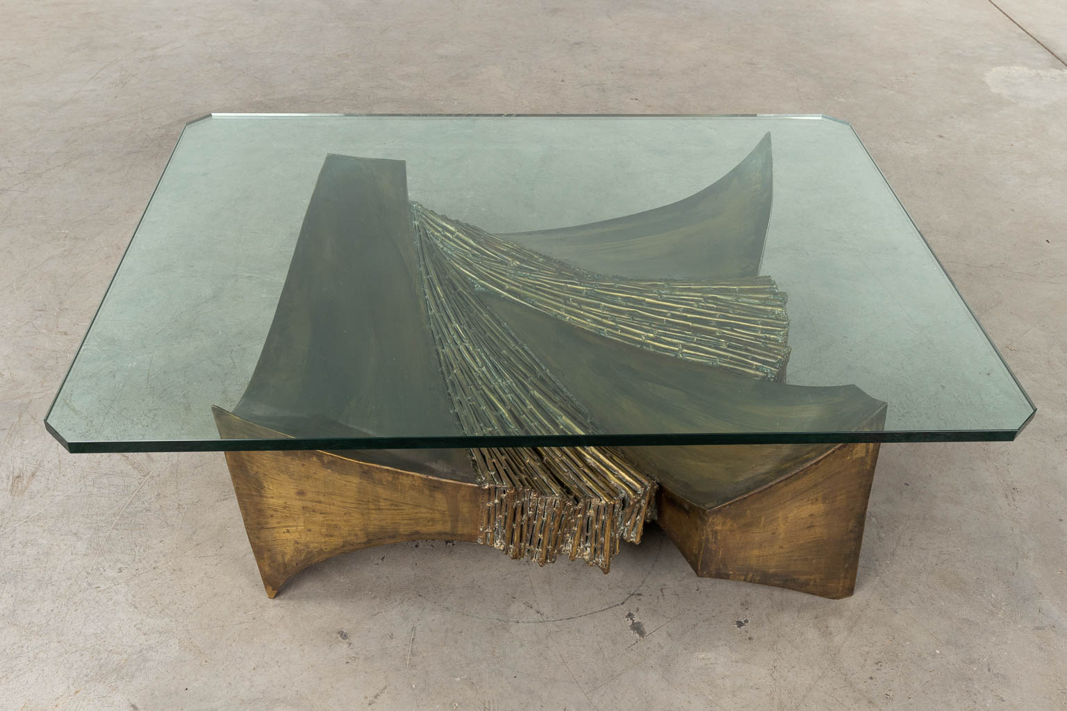 SANTA (1925-1979) A coffee table, bronze and glass, brutalist style with faux bamboo. 20th C. (D:90 - Image 4 of 10