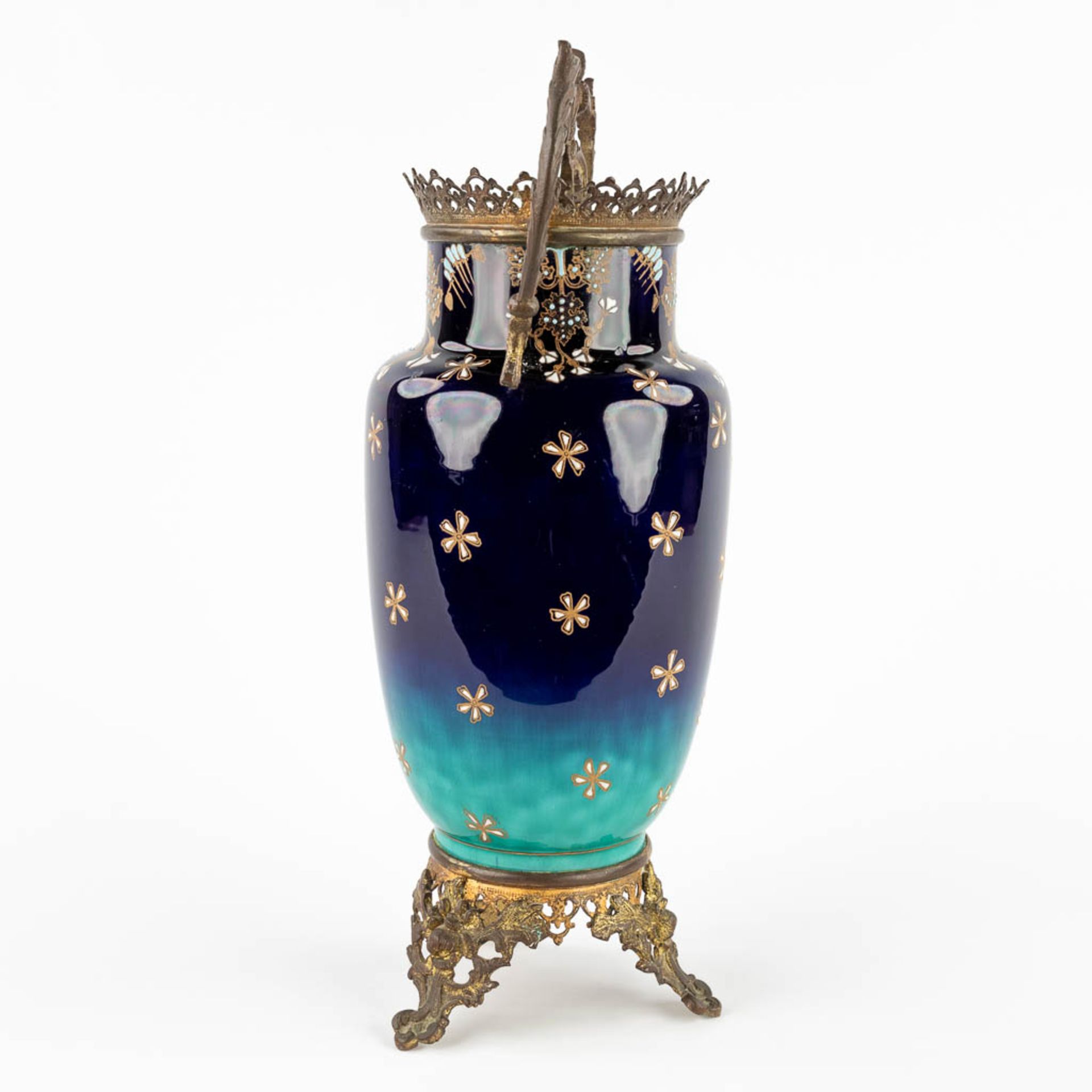 Luneville, a large brass mounted faience vase with starry sky decor. Art Nouveau. (D:15 x W:20 x H:3 - Bild 6 aus 12