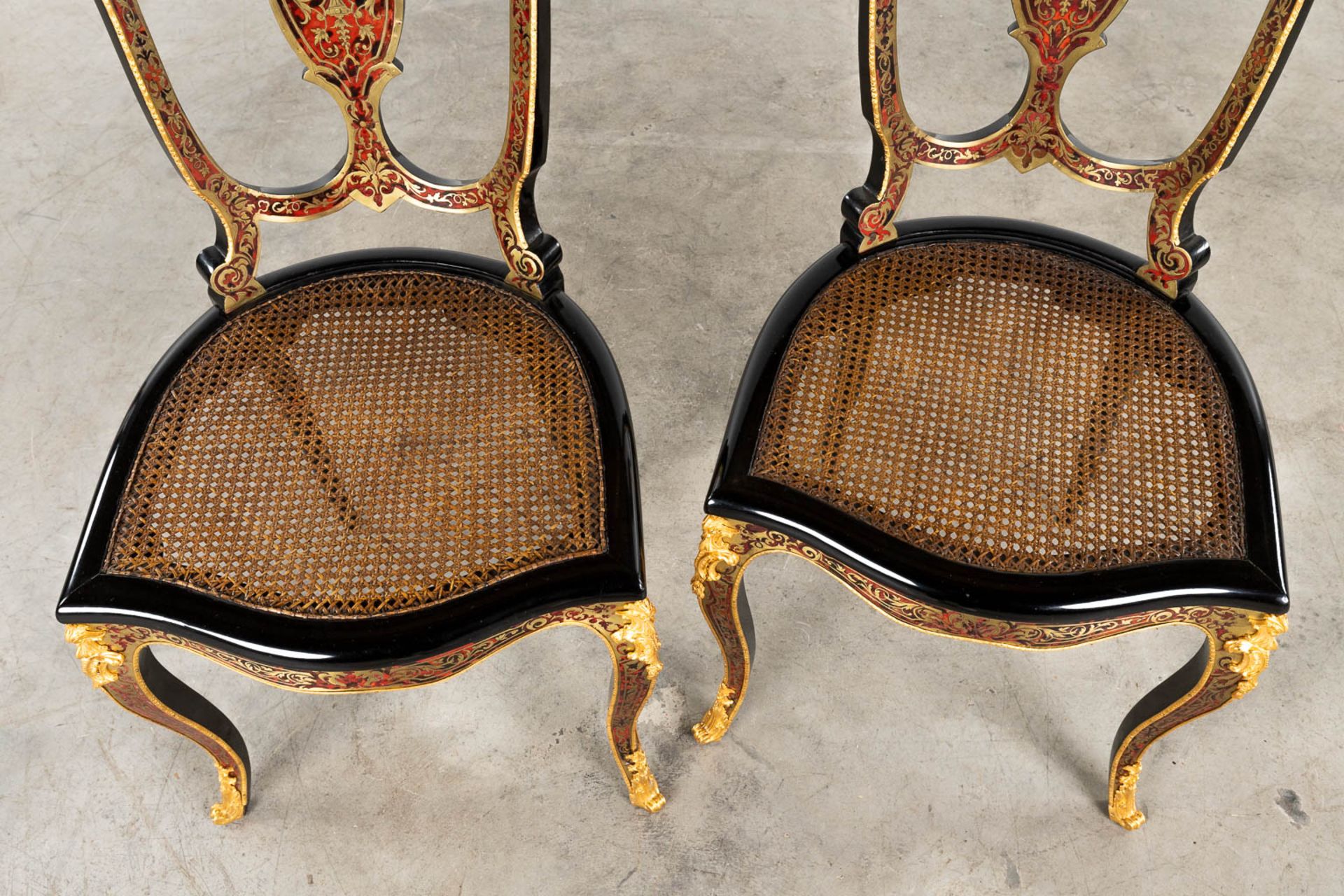 A pair of chairs, Boulle, tortoise shell and copper inlay, Napoleon 3, 19th C. (D:47 x W:46 x H:90 c - Image 7 of 11