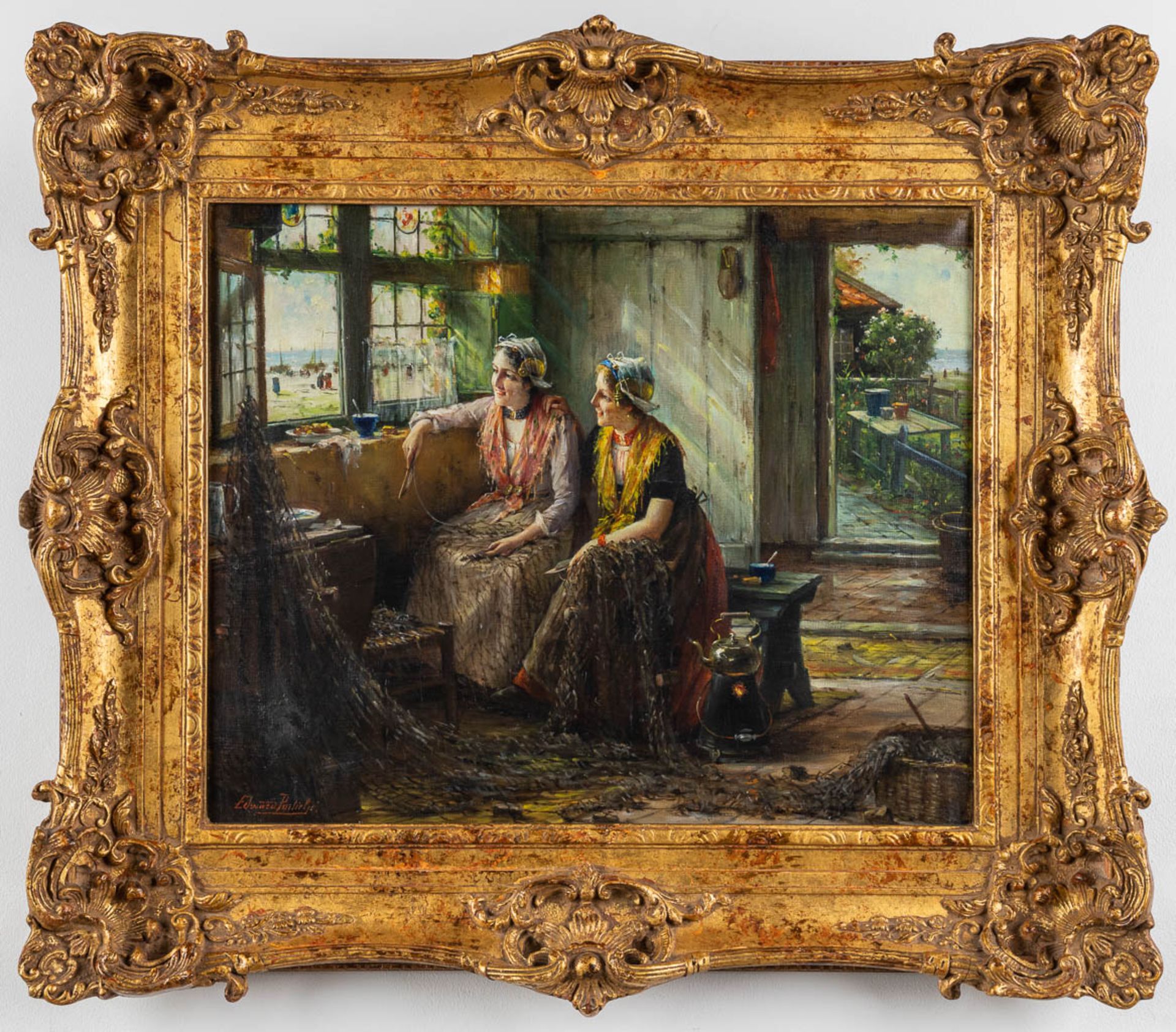 Edward Antoon PORTIELJE (1861-1949) 'Girls by the Window' oil on canvas. (W:55 x H:45 cm) - Image 3 of 9