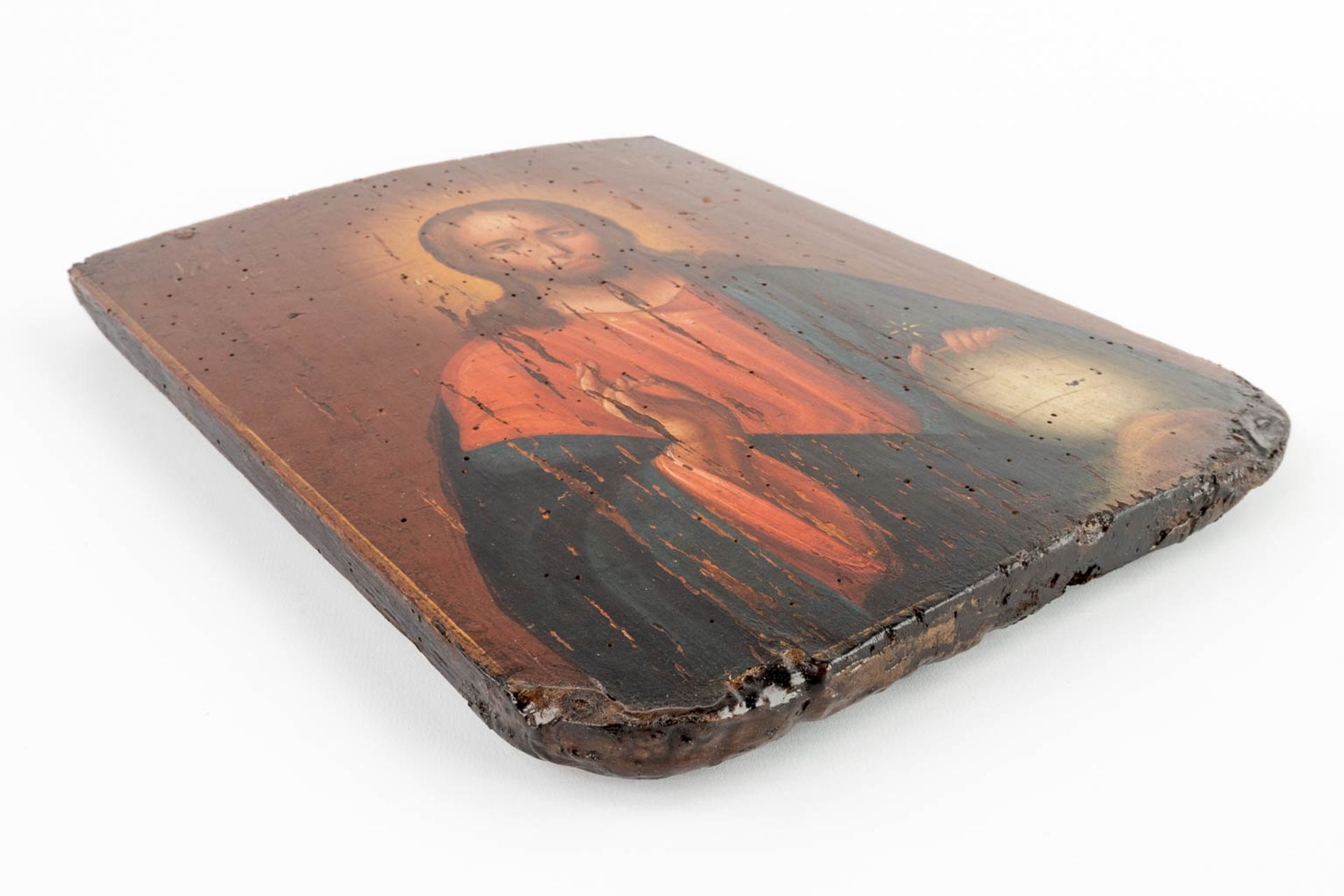 An antique Eastern European icon with an image of Salvator Mundi. 19th C. (W:24,5 x H:31 cm) - Bild 8 aus 8