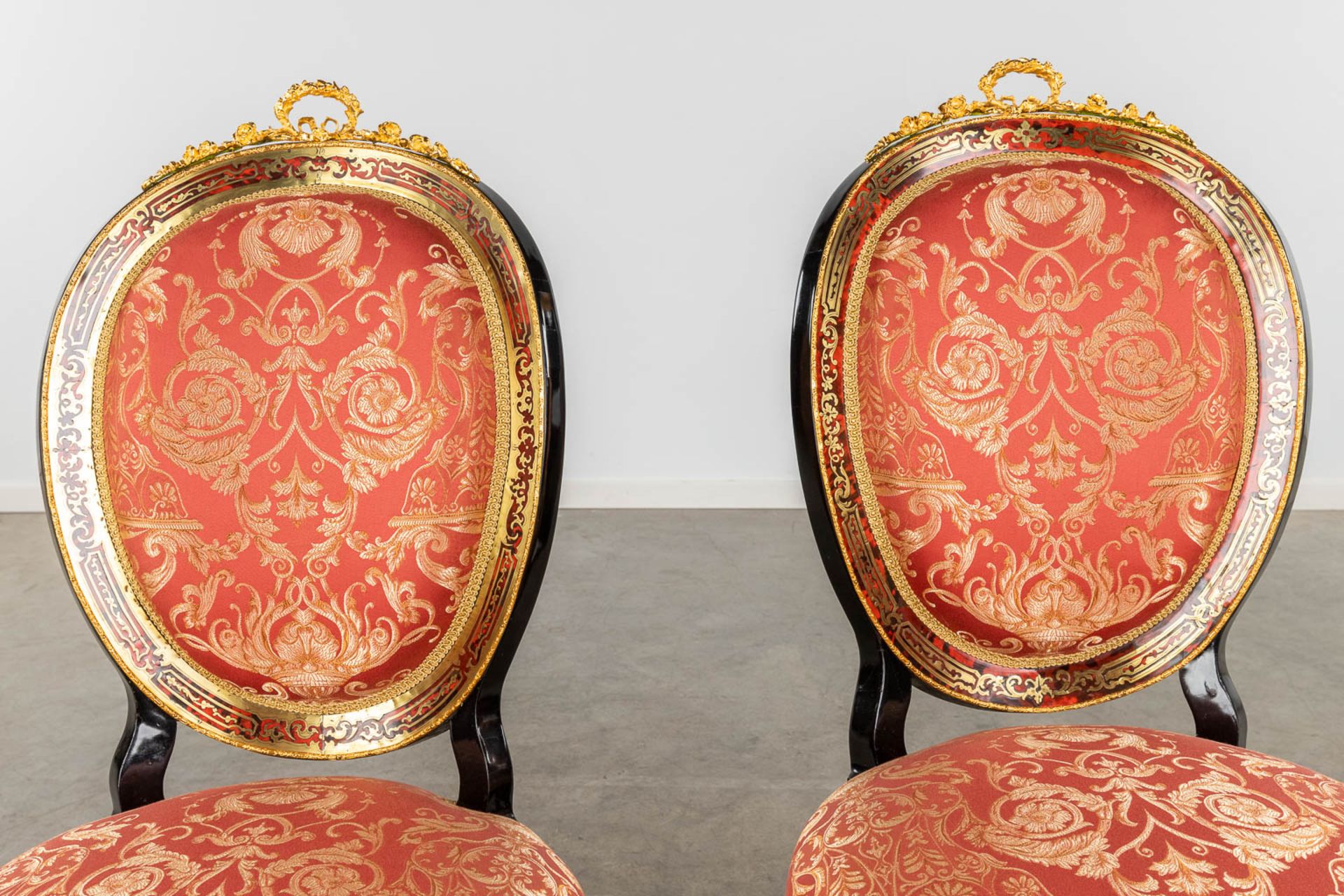 A pair of Chairs, Boulle technique, tortoise shell and copper inlay, Napoleon 3, 19th C. (D:56 x W:5 - Image 9 of 14