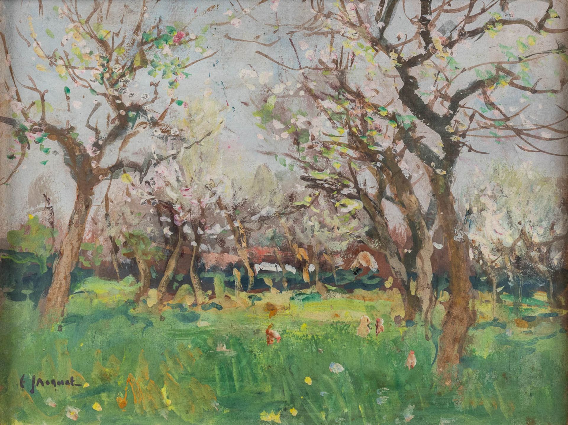 Charles JACQUET (1841-1921) 'The Orchard' oil on paper. (W:27 x H:20 cm)