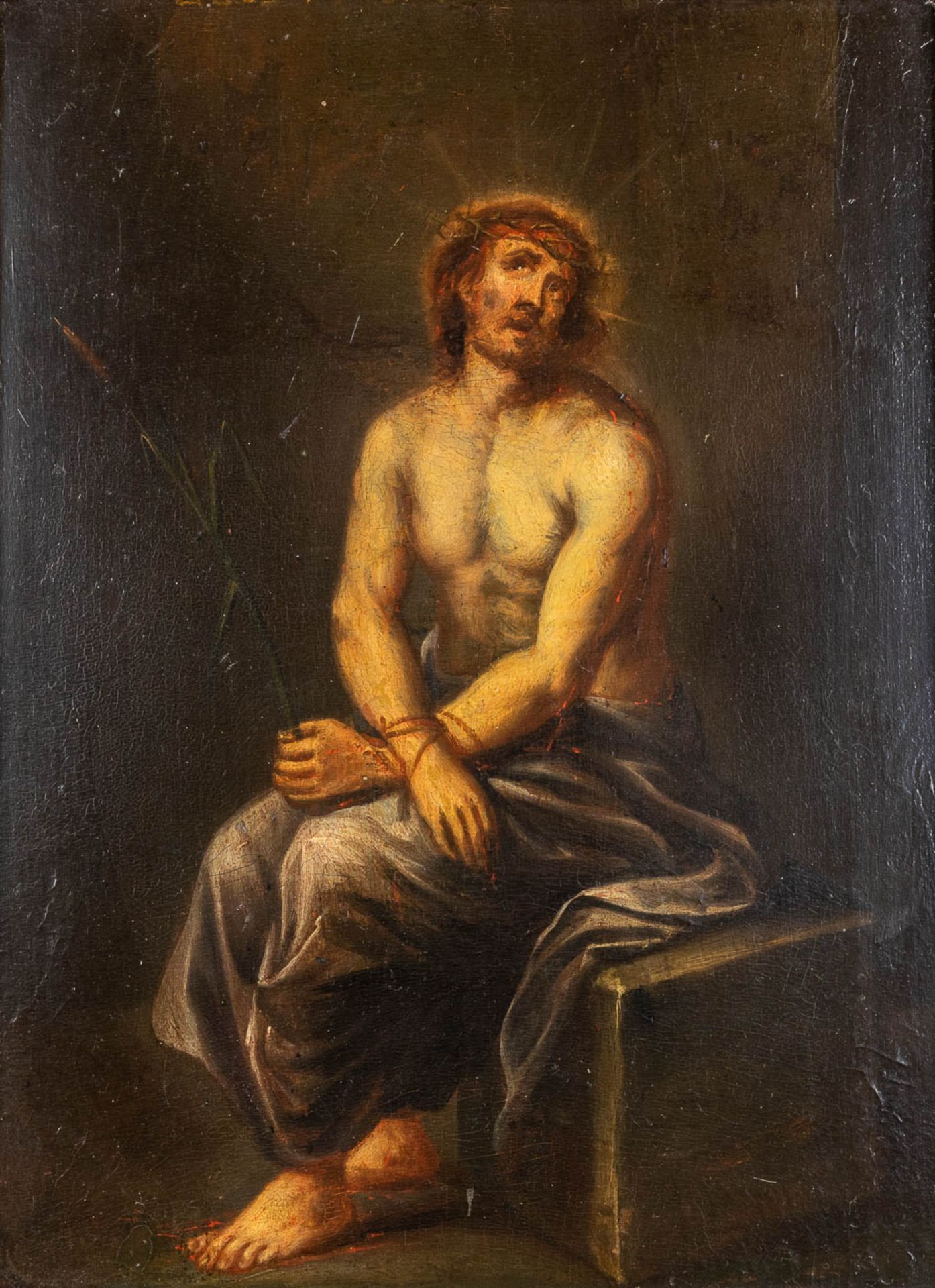 'Pensive Christ', an antique painting, oil on panel. 18th C. (W:30 x H:39 cm) - Image 3 of 7