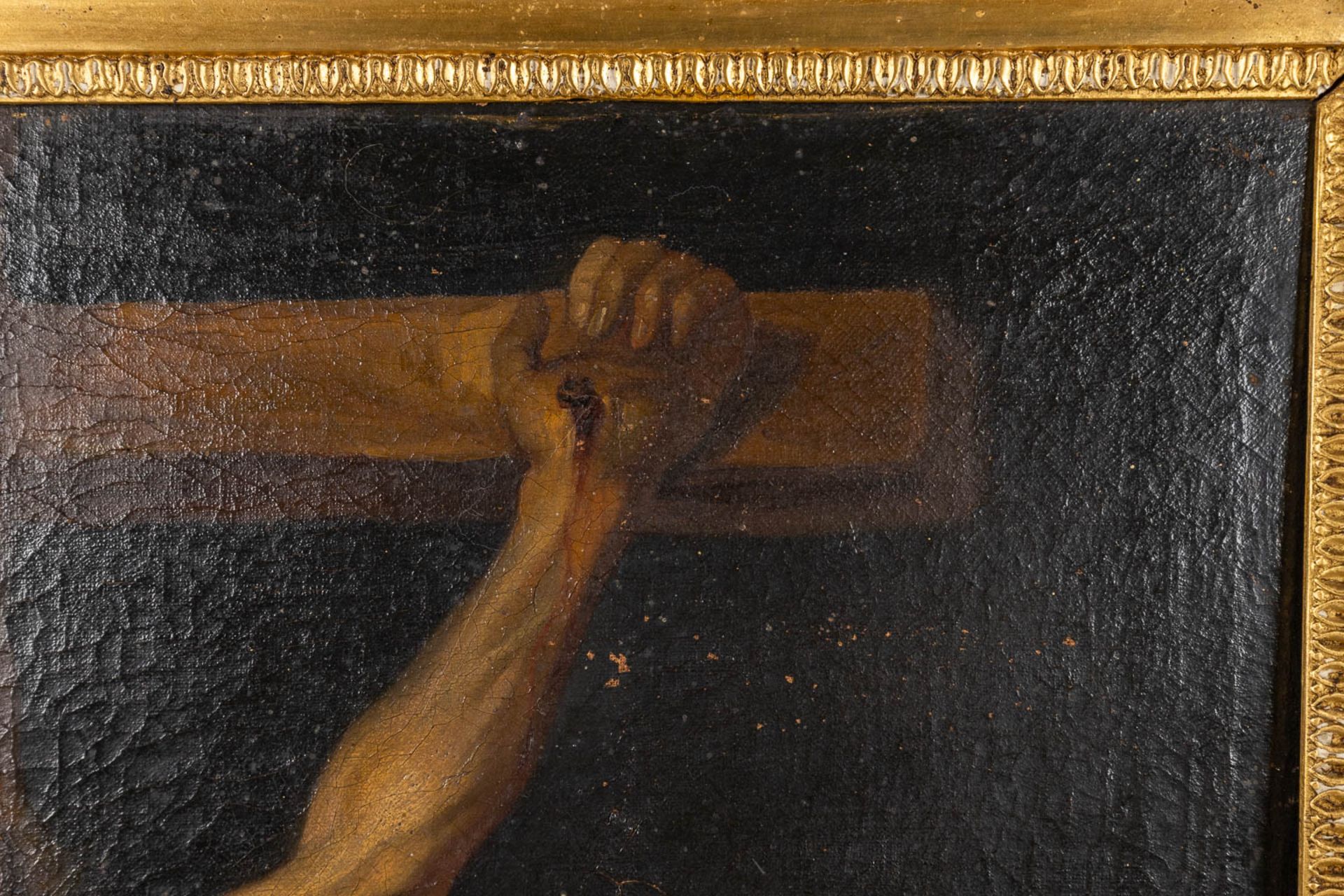 Jesus hanging from the cross, a painting, oil on canvas. 19th C. (W:70 x H:100 cm) - Image 6 of 9