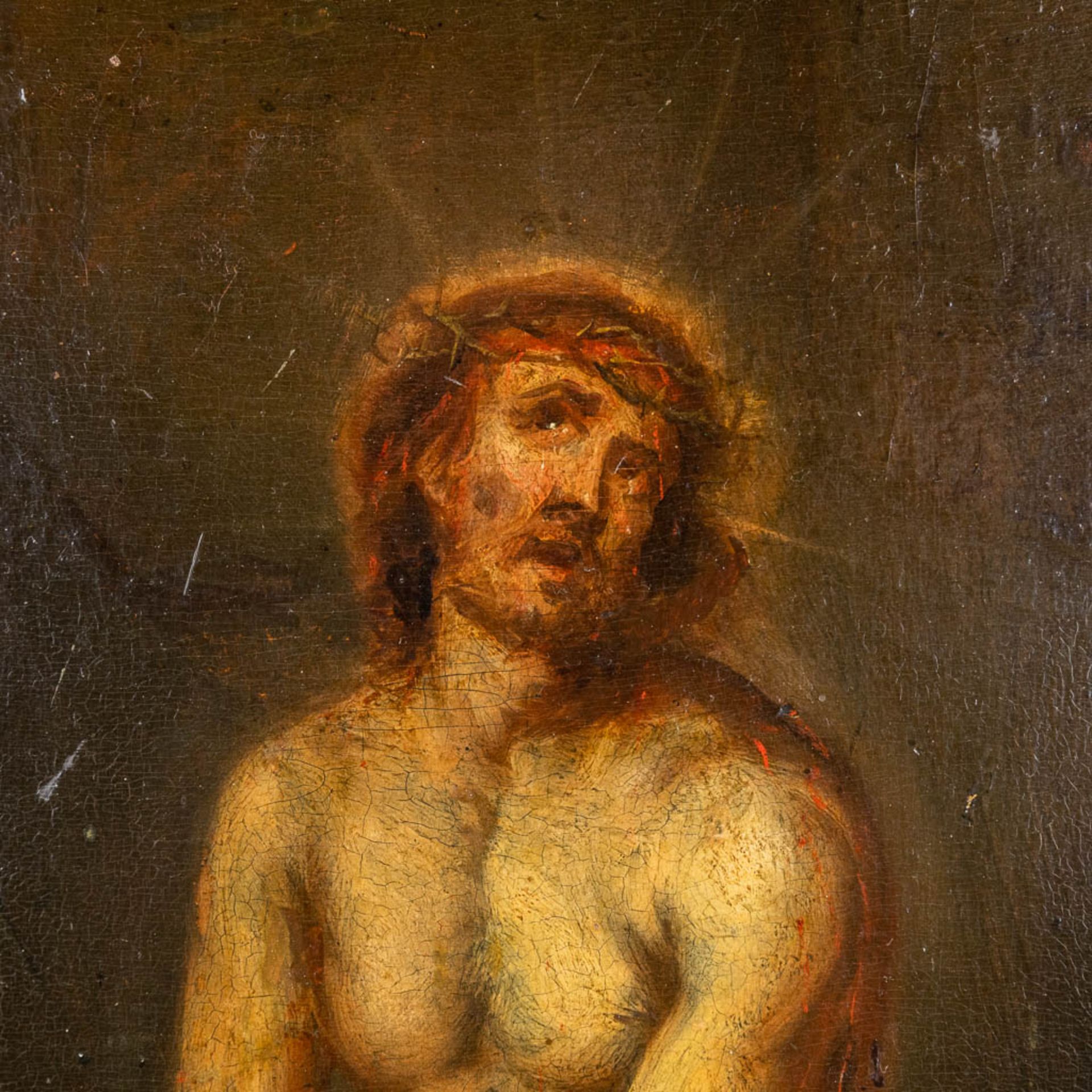 'Pensive Christ', an antique painting, oil on panel. 18th C. (W:30 x H:39 cm) - Image 4 of 7