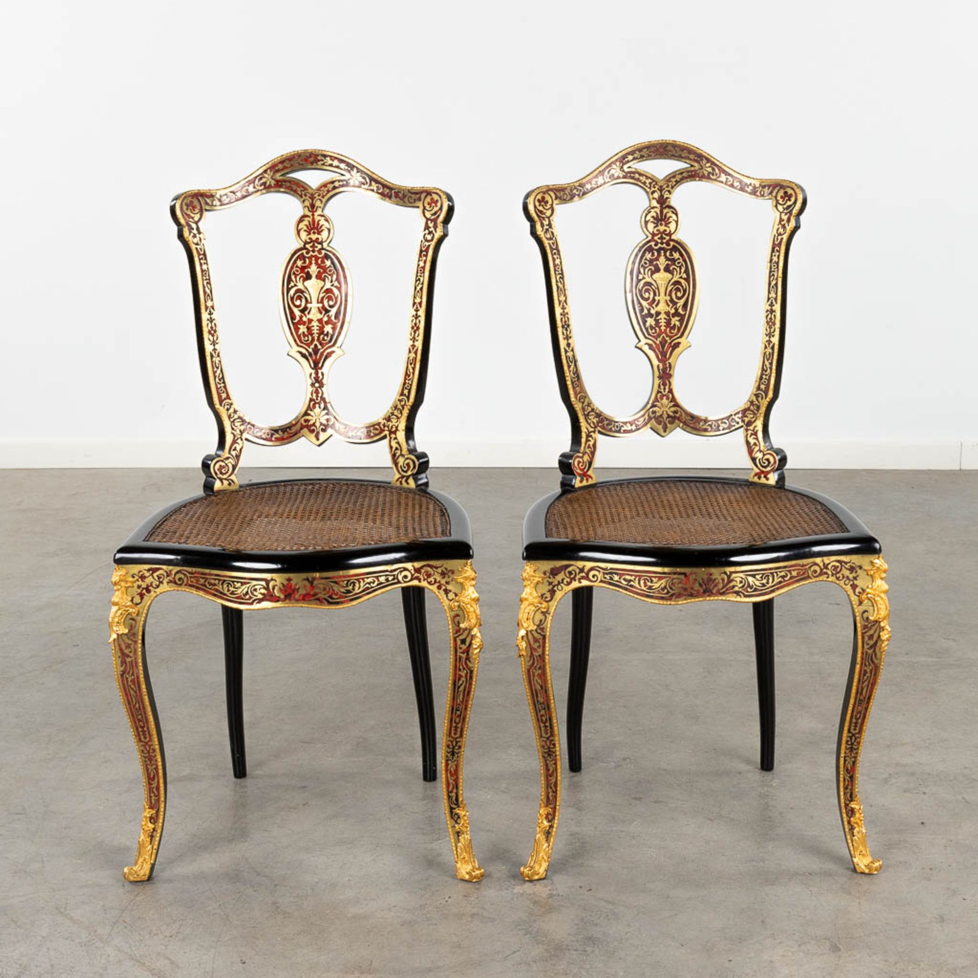 A pair of chairs, Boulle, tortoise shell and copper inlay, Napoleon 3, 19th C. (D:47 x W:46 x H:90 c - Image 3 of 11