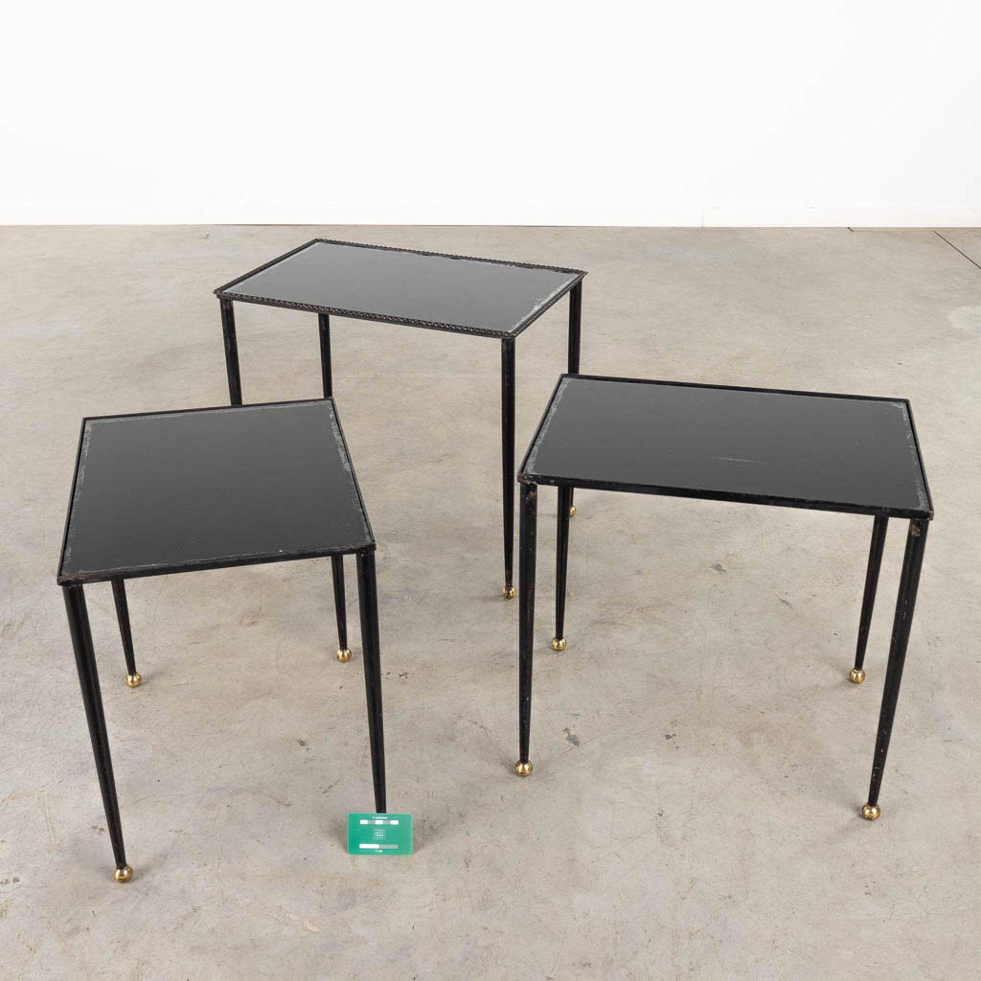 A set of Nesting tables, metal and black tinted glass. 20th C. (D:56 x W:37 x H:50 cm) - Image 2 of 10