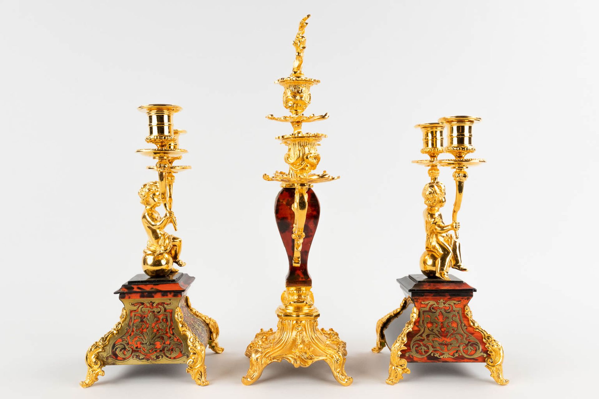 Three table candelabra, gilt bronze and Boulle, tortoise Shell and copper inlay. Napoleon 3, 19th C. - Image 4 of 12