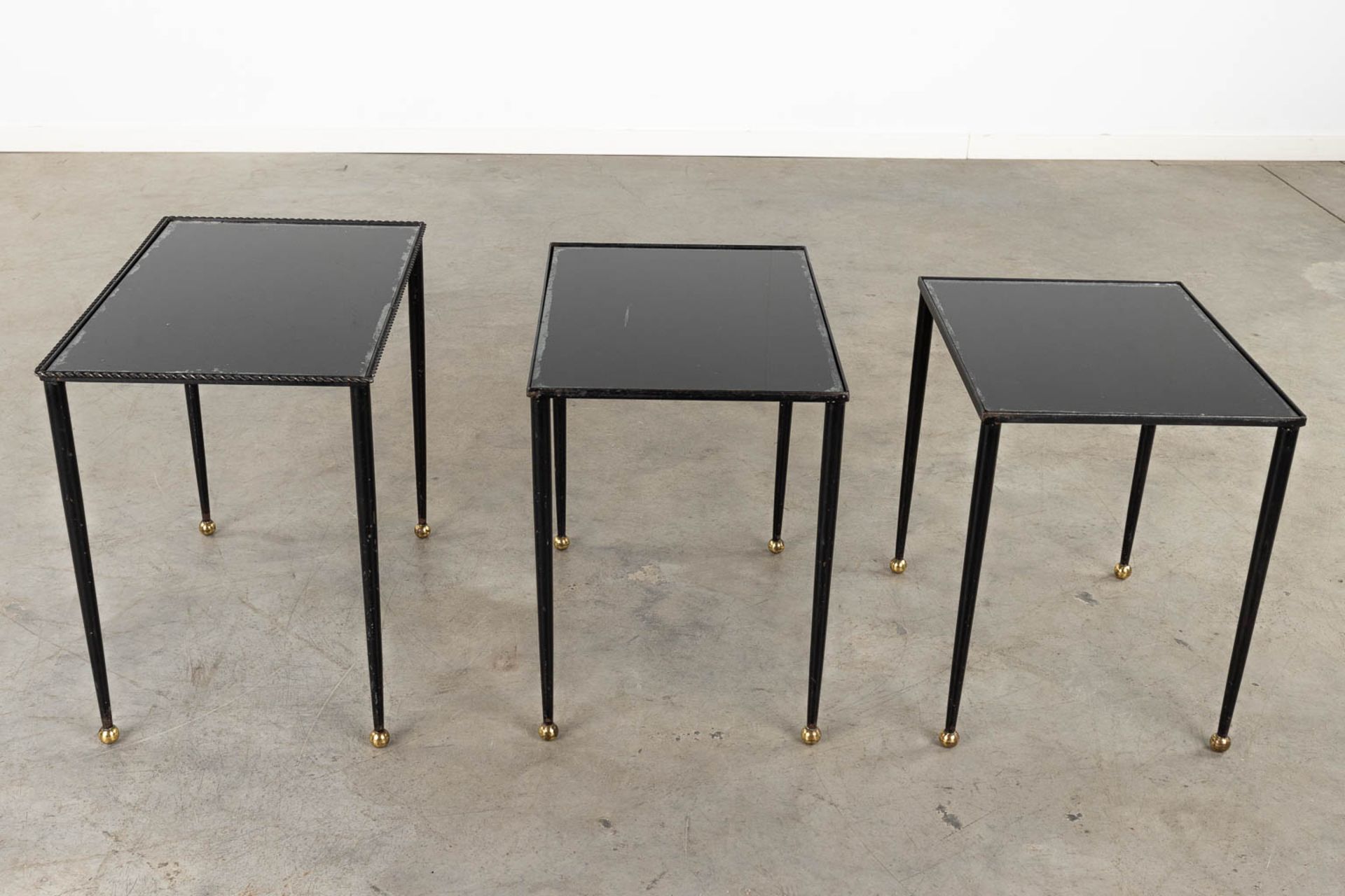 A set of Nesting tables, metal and black tinted glass. 20th C. (D:56 x W:37 x H:50 cm) - Image 5 of 10