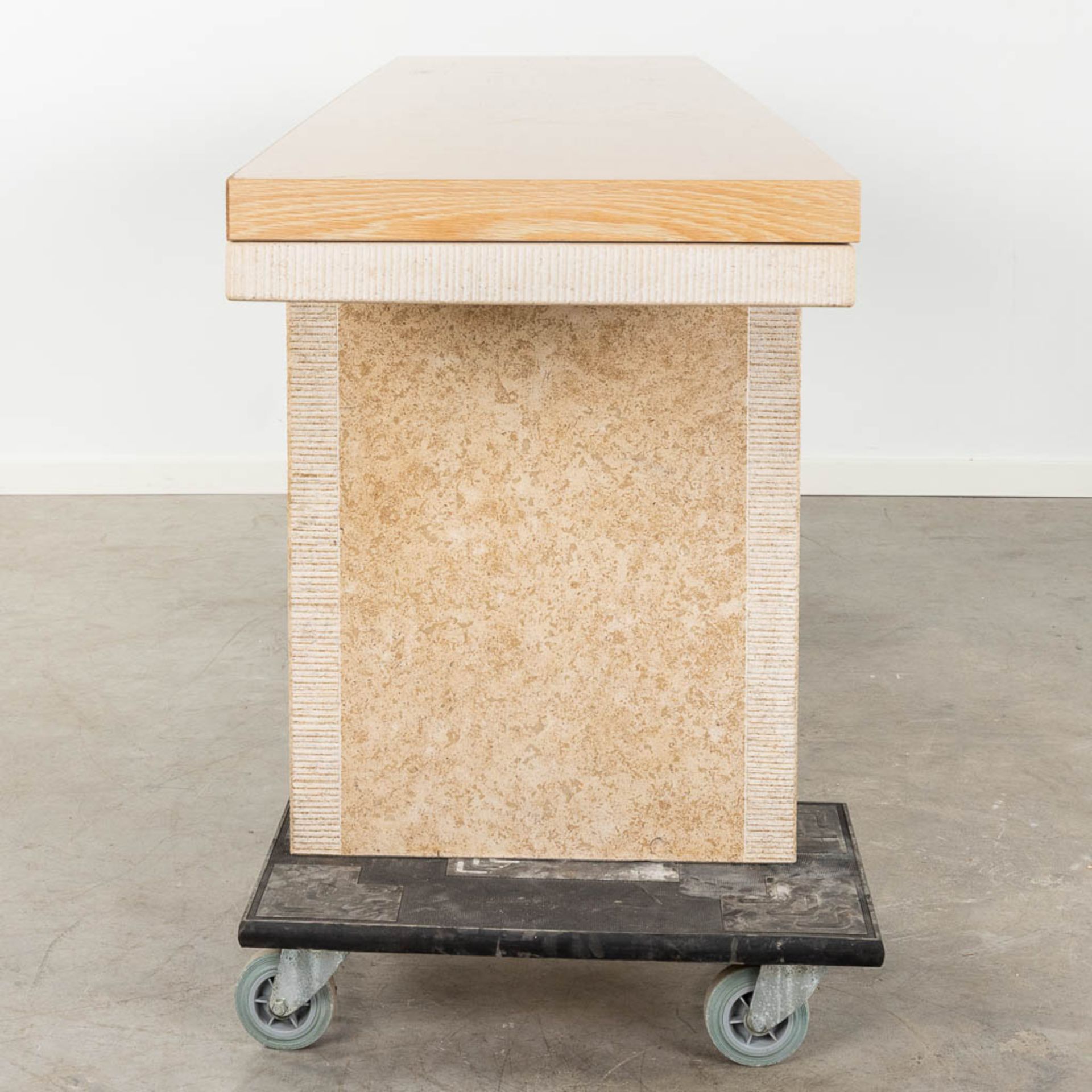 A pair of console tables, travertine with an oak veneered top. 20th C. (D:50 x W:220 x H:73 cm) - Image 7 of 13