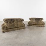 A pair of garden pedestals, concrete in Louis XVI style. 20th C. (D:44 x W:80 x H:40 cm)
