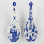 Two spoons, blue-white decor of a koi and lady. 18th/19th C. (D:22 cm)