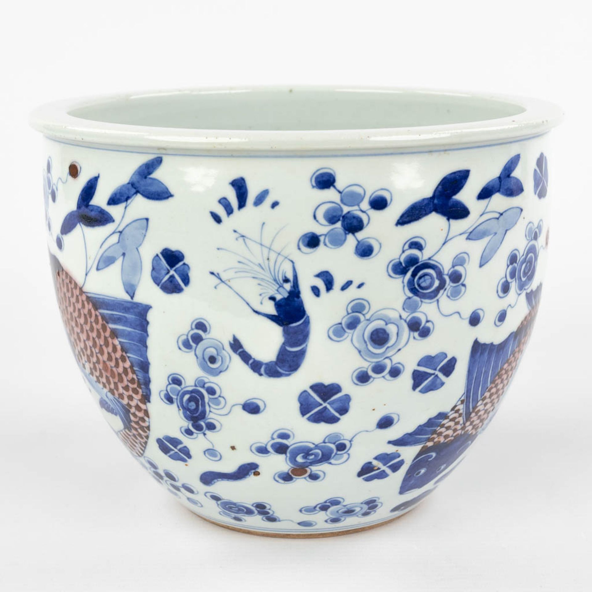A large Chinese porcelain fish bowl, blue-white decor, 18th/19th C. (H:17 x D:22 cm) - Image 6 of 11