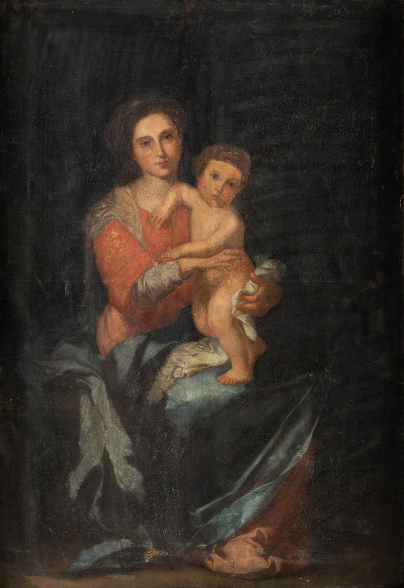 A large painting after Bartolomé Esteban Murillo, 'Mother and Child' oil on canvas. (W:108 x H:156 c