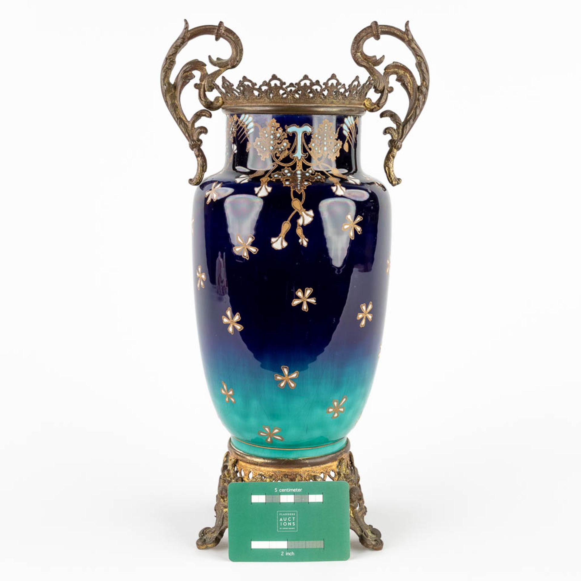 Luneville, a large brass mounted faience vase with starry sky decor. Art Nouveau. (D:15 x W:20 x H:3 - Bild 2 aus 12