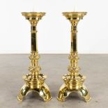 A pair of church candlesticks or candle holders polished bronze. 20th C. (H:83 x D:30 cm)