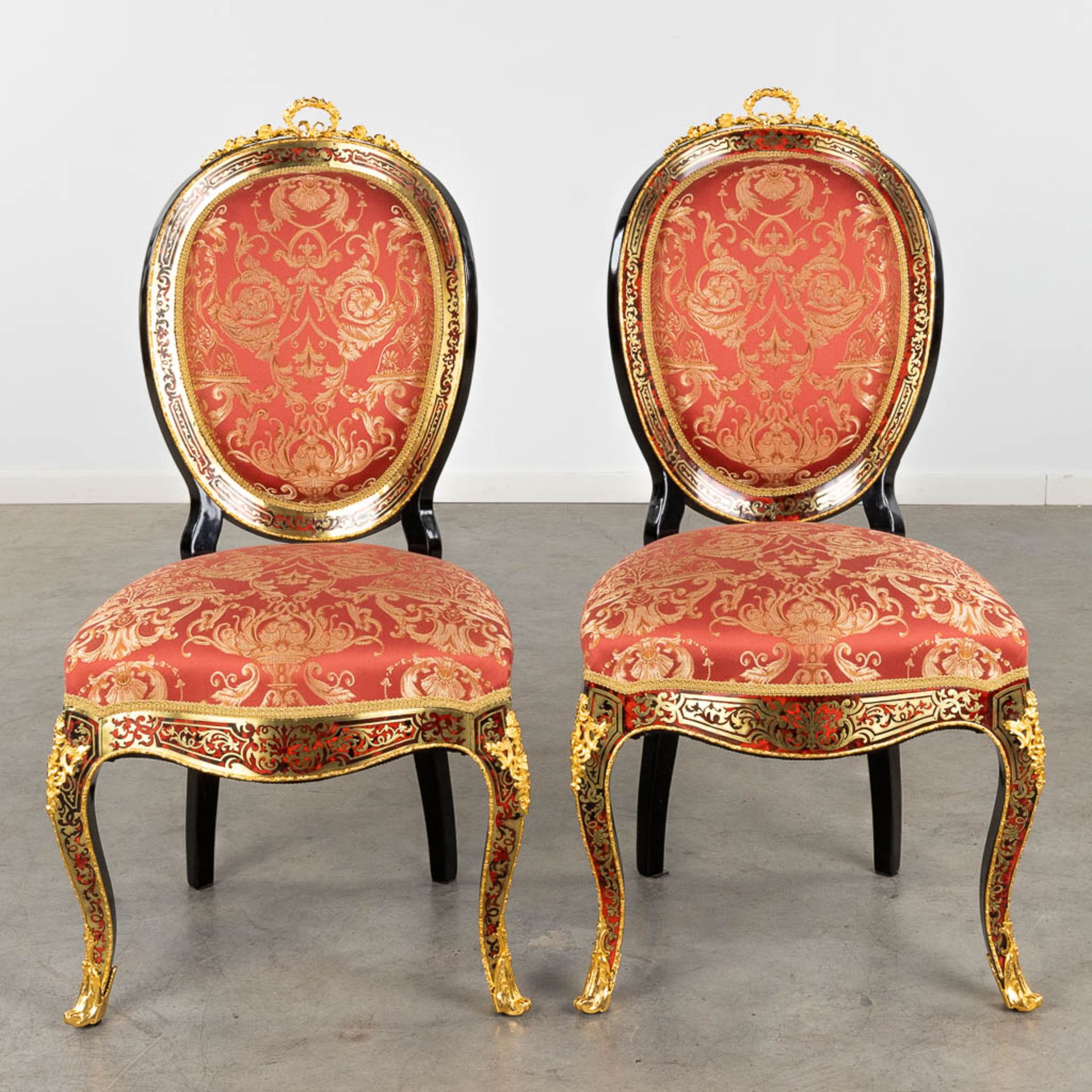 A pair of Chairs, Boulle technique, tortoise shell and copper inlay, Napoleon 3, 19th C. (D:56 x W:5 - Image 3 of 14