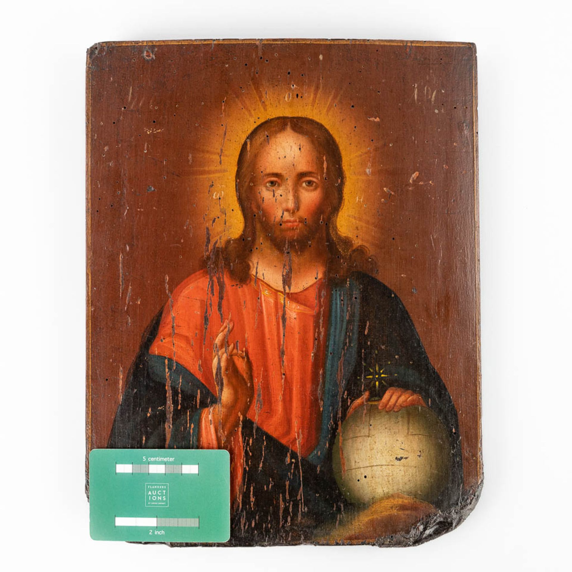 An antique Eastern European icon with an image of Salvator Mundi. 19th C. (W:24,5 x H:31 cm) - Bild 2 aus 8