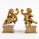 A pair of angels, gilt spelter and mounted on a wood base. 19th C. (W:12 x H:18 cm)