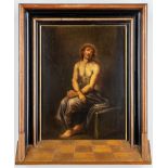 'Pensive Christ', an antique painting, oil on panel. 18th C. (W:30 x H:39 cm)