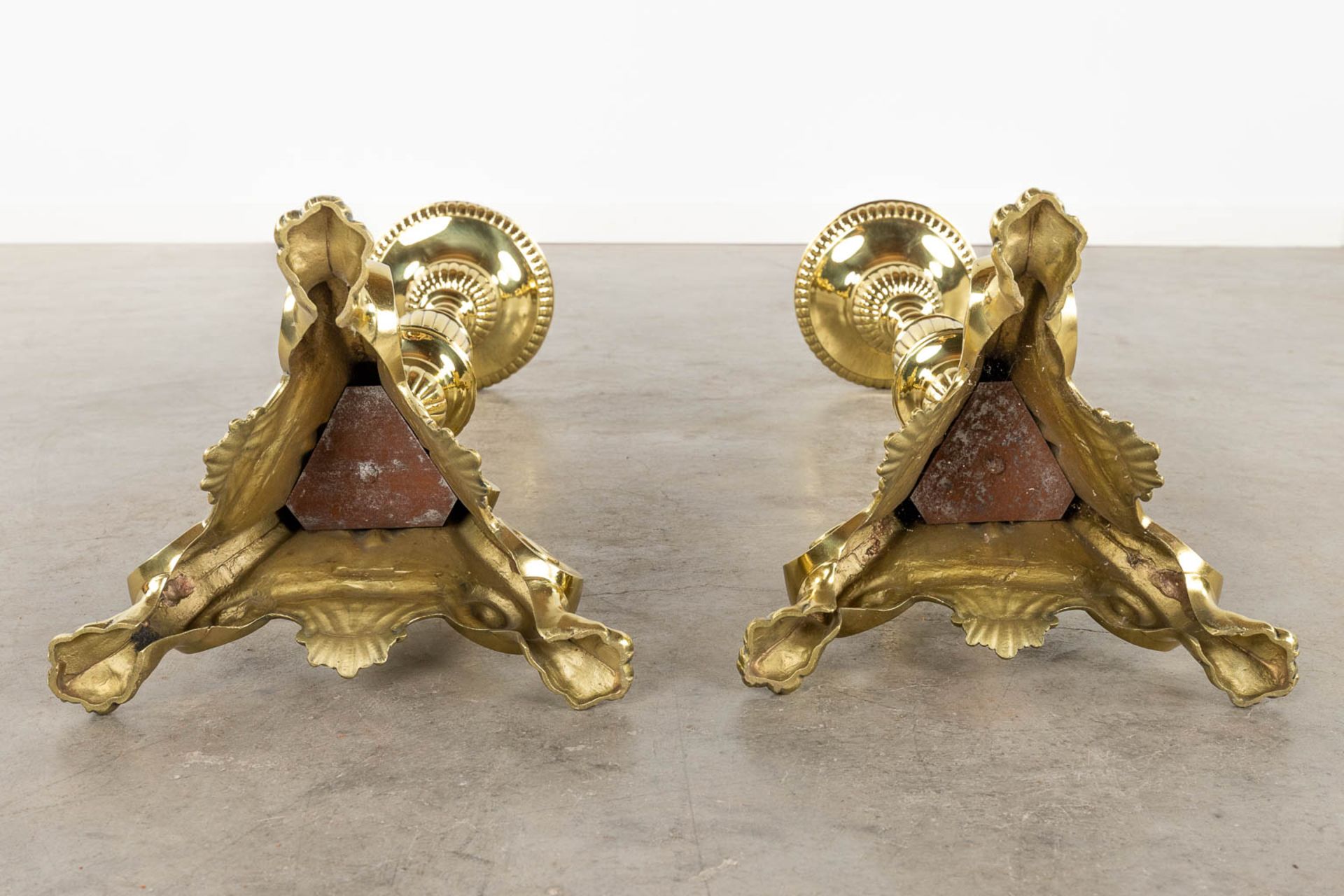 A pair of church candlesticks or candle holders polished bronze. 19th C. (D:24 x W:27 x H:88 cm) - Image 8 of 15