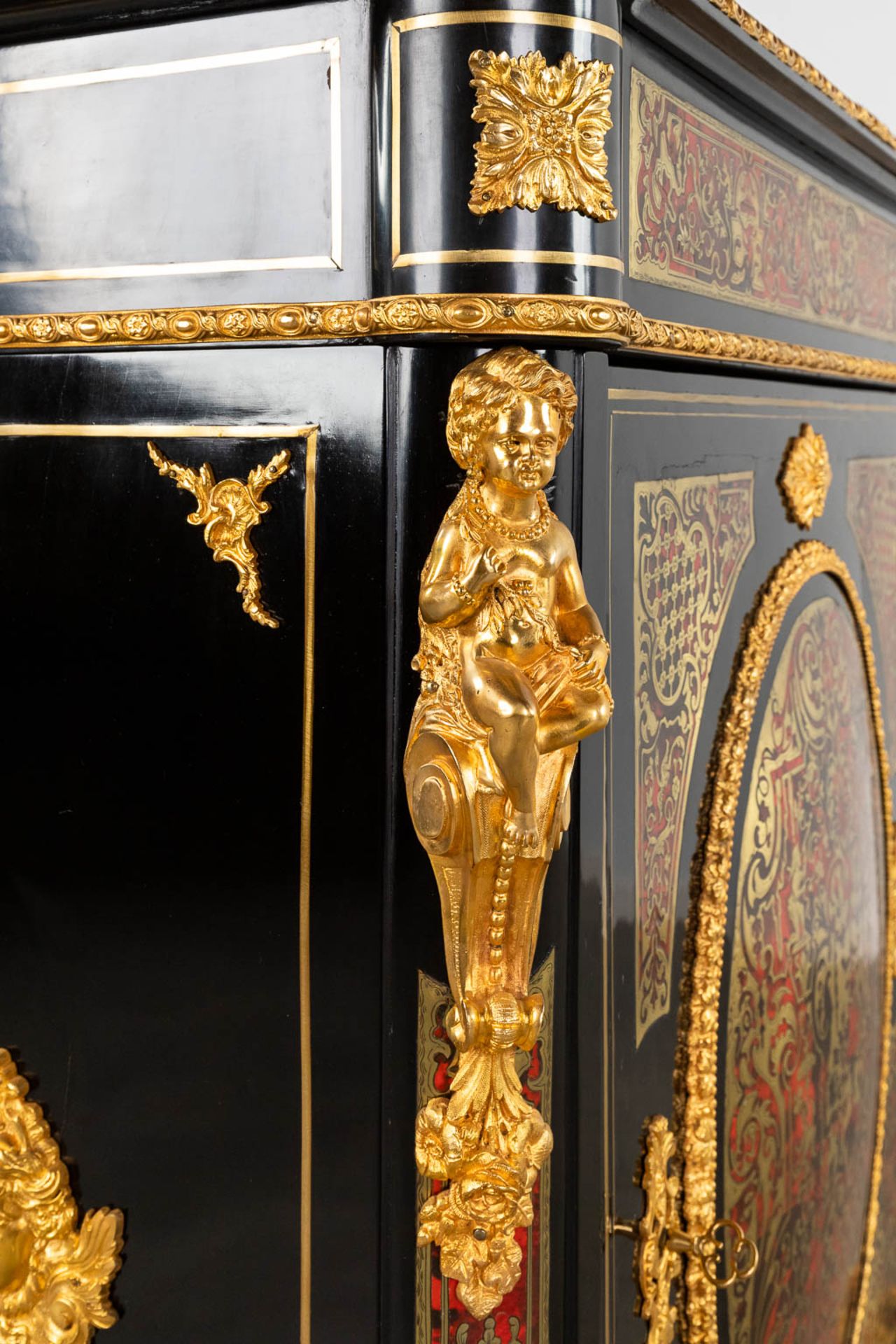 A one-door cabinet, Boulle, tortoiseshell and copper inlay, Napoleon 3, 19th C. (D:48 x W:90 x H:111 - Image 9 of 15