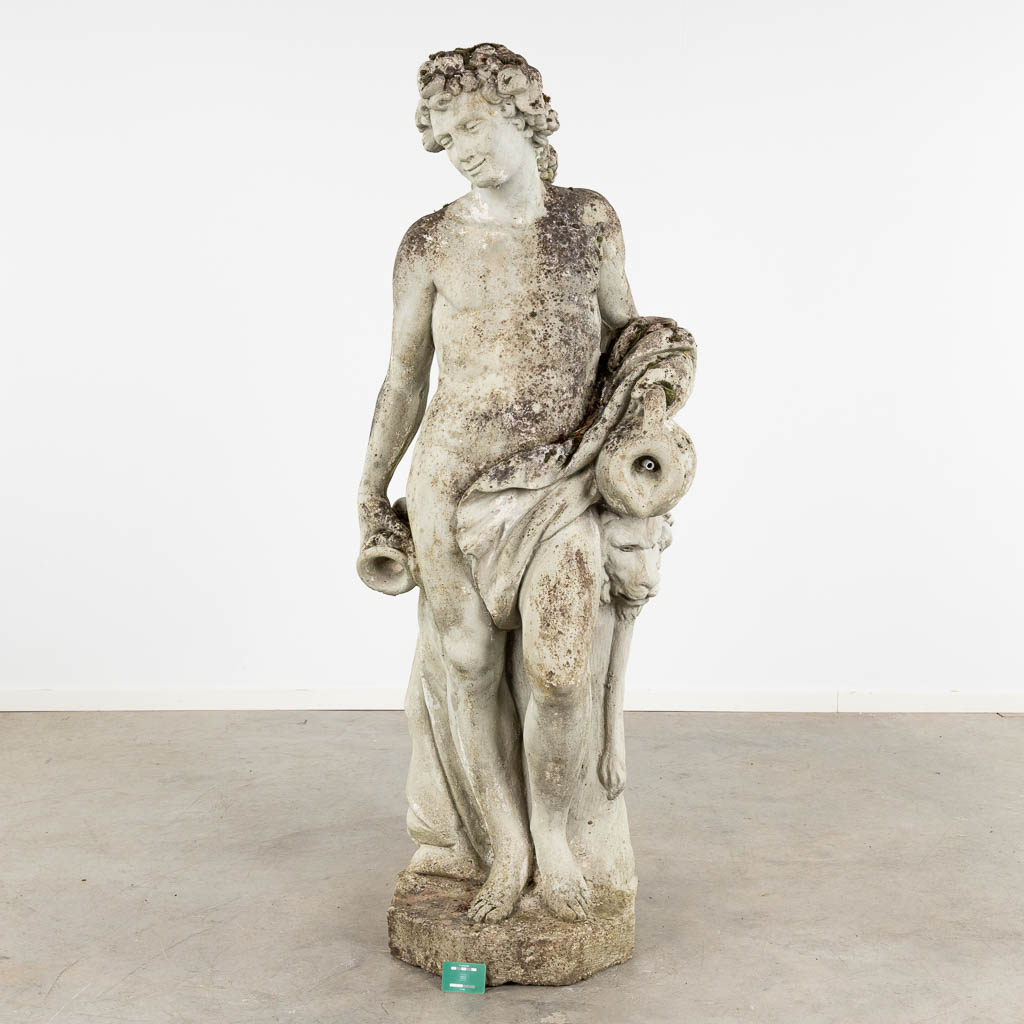 A large garden figurine of Bacchus, concrete, 20th C. (D:56 x W:74 x H:183 cm) - Image 2 of 10