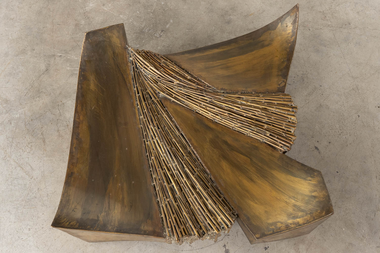 SANTA (1925-1979) A coffee table, bronze and glass, brutalist style with faux bamboo. 20th C. (D:90 - Image 6 of 10