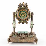 A mantle clock with music box, silver-plated metal and semi-precious stones. Vienna, 20th C. (D:11 x