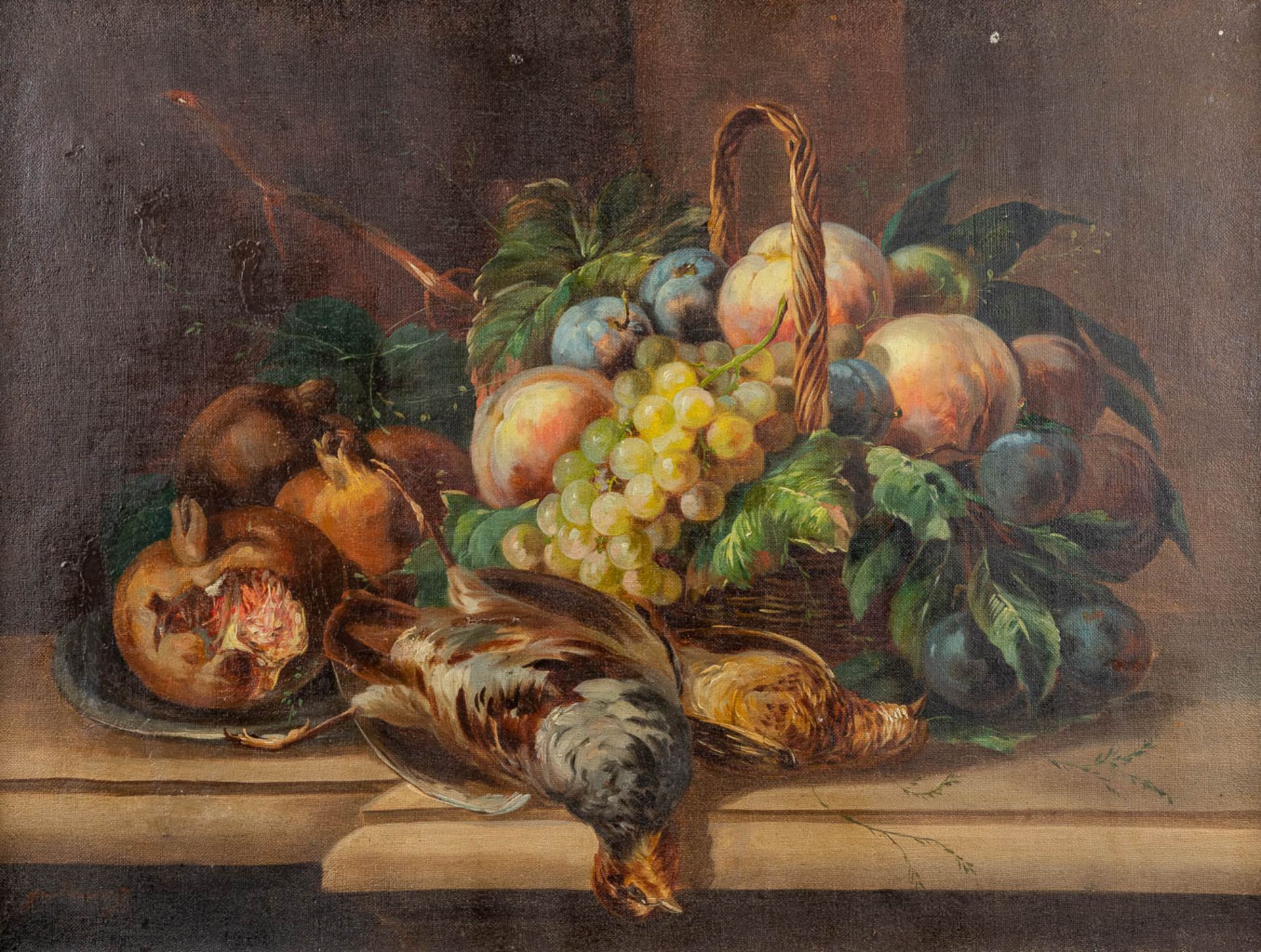 A 'Nature Morte' painting, oil on canvas. Signed 'Guillaume'. 19th C. (W:65 x H:49,5 cm)