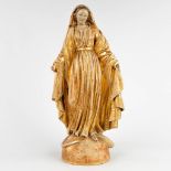 An antique gilt wood figurine of Madonna standing on the crescent moon and serpent. 19th C. (D:15 x