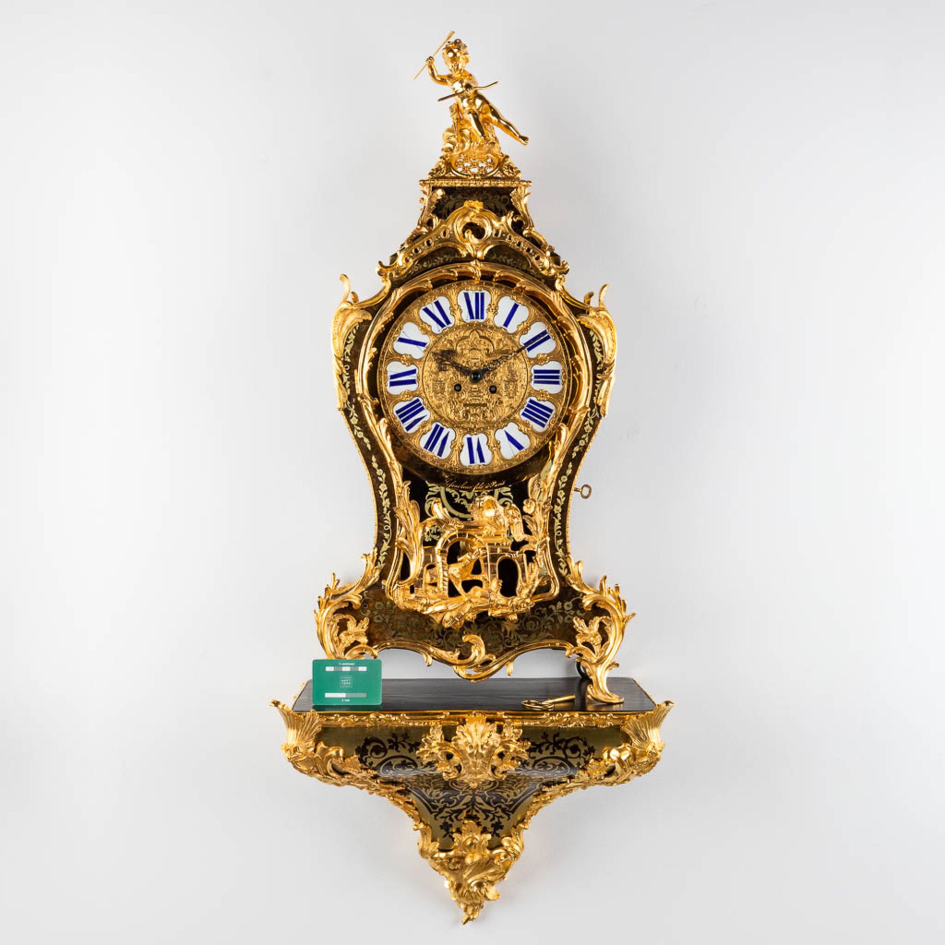 A boulle Cartel clock on a console, tortoiseshell and copper inlay, Napoleon 3, 19th C. Lefaucheur & - Image 2 of 16