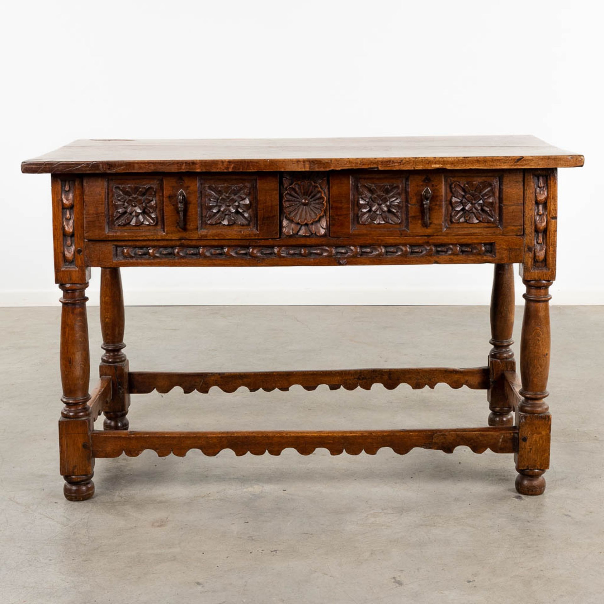 An antique "Table De Milieu", sculptured wood. Spain, 18th C. (D:72 x W:127 x H:82 cm) - Image 4 of 13