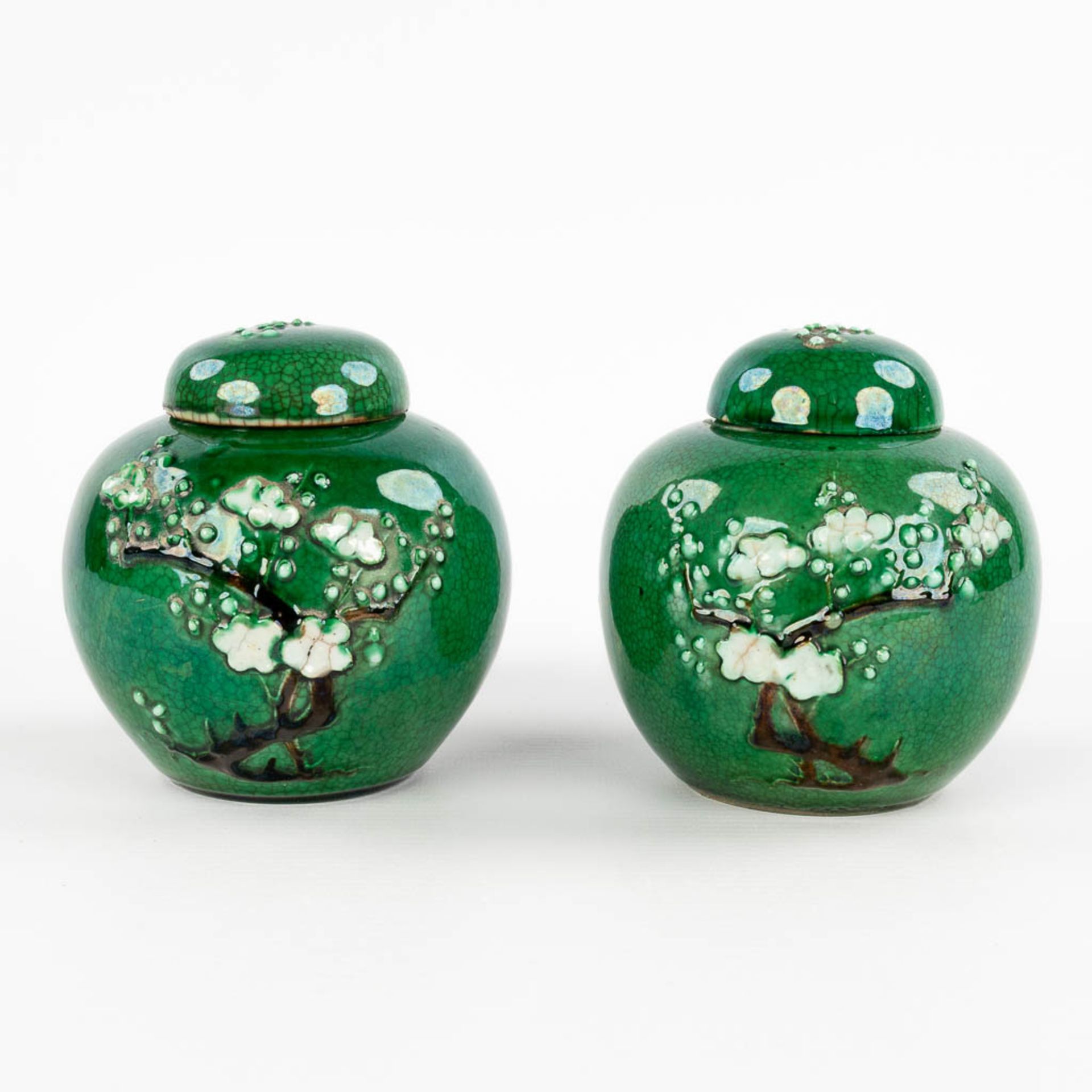 A pair of Chinese ginger jars, decorated with flowering bonsai and a green glaze. 19th C. (H:12 x D: