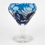 Val Saint Lambert a blue coloured and cut cyrstal bowl on a stand. (H:23 x D:18 cm)