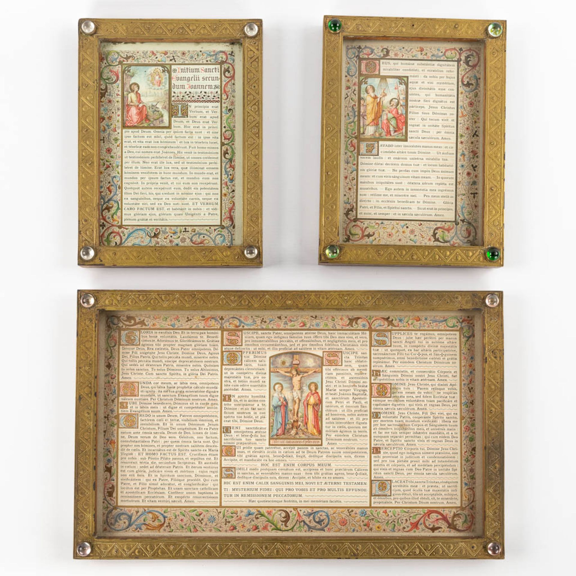 A set of 3 Religious Frames or Canon Boards. Wood with brass and finished with cabochons. Circa 1900