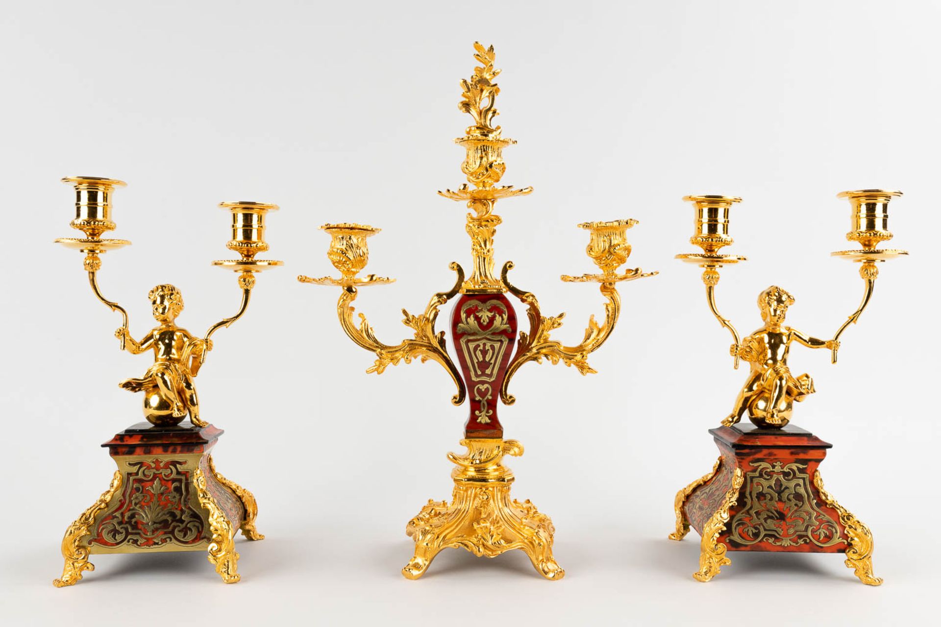 Three table candelabra, gilt bronze and Boulle, tortoise Shell and copper inlay. Napoleon 3, 19th C. - Image 3 of 12