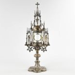 A large tower monstrance, silver-plated brass in a Gothic Revival style. 19th C. (D:17,5 x W:22 x H: