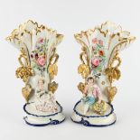 Vieux Bruxelles, a pair of vases decorated with figurines, polychrome porcelain. 19th C. (D:19 x W:2