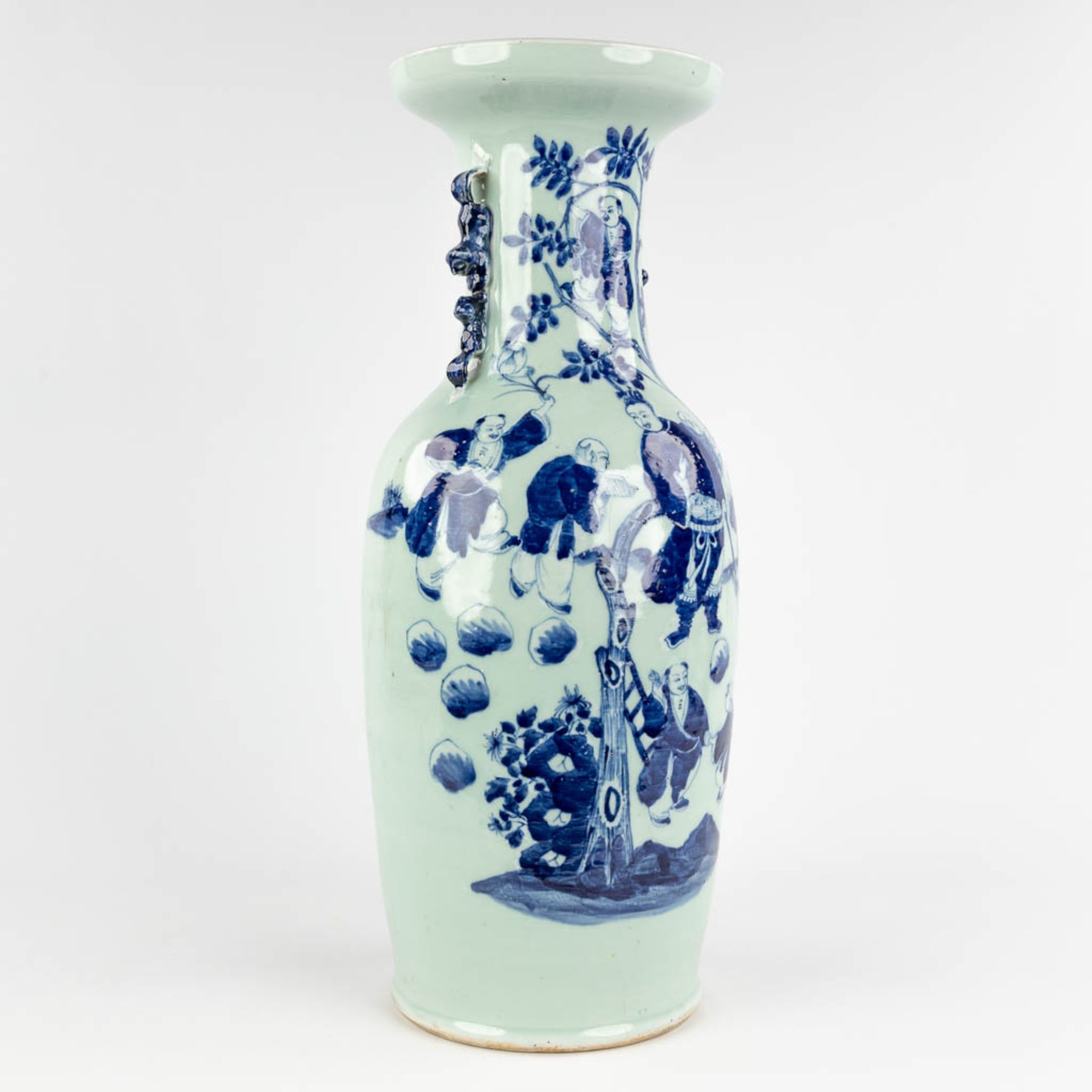 A Chinese celadon vase, blue-white, decorated with wise men. 19th/20th C. (H:59 x D:23 cm) - Image 3 of 16