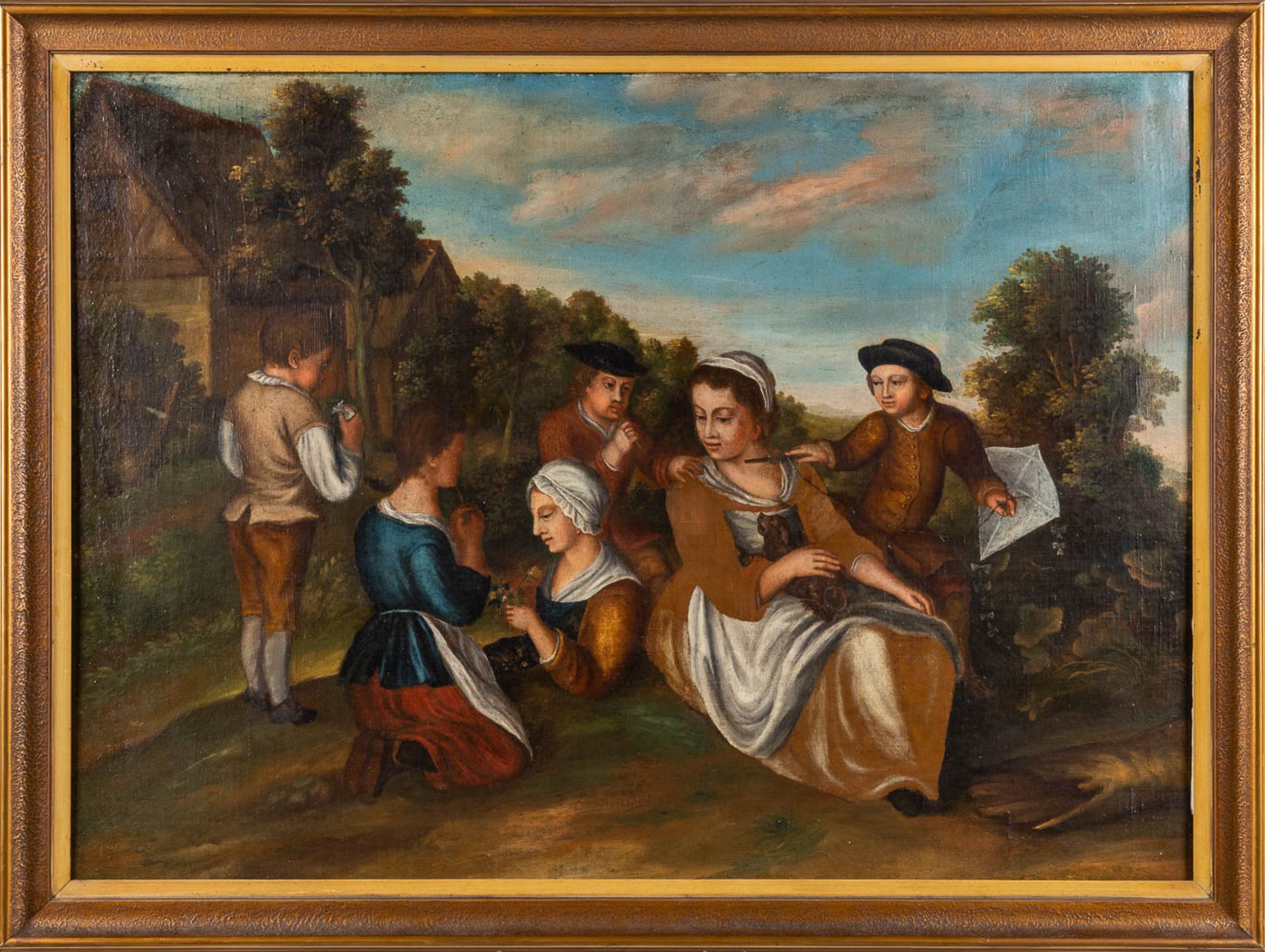 An antique painting, 'Ladies in the garden with children' oil on canvas. 18th C. (W:96 x H:70 cm) - Image 3 of 9